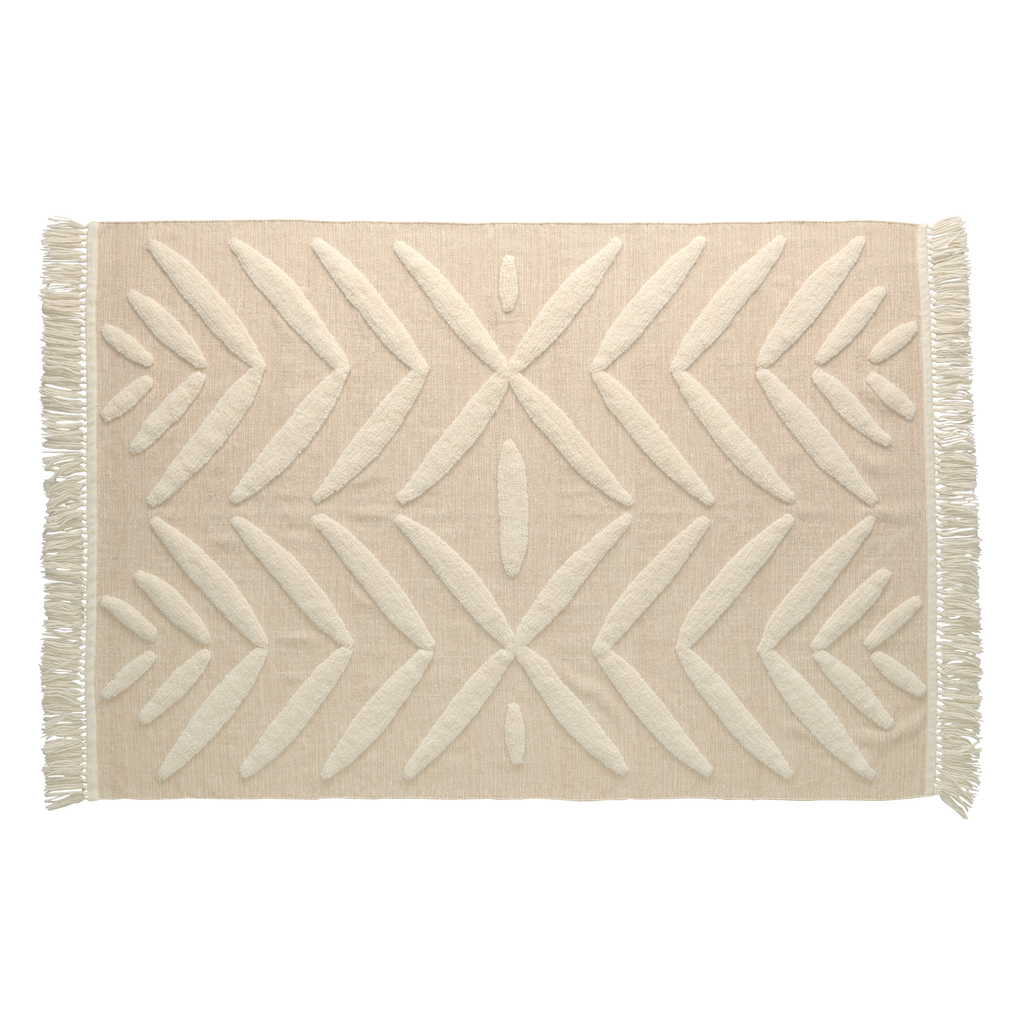 Alfombra Bohème de lana y algodón, relieve geométrico tipo "X", estilo Boho Chic, ideal para dormitorios y salas elegantes.