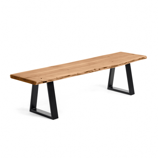Banca Acacia Nativa DEKO. Asiento de madera maciza con borde natural y estructura de acero. Funcional, escultural y auténtica.